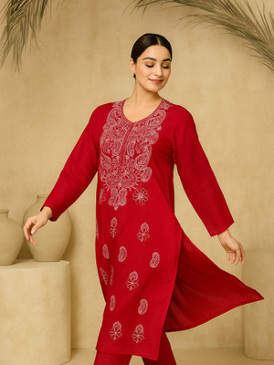 VELORA Women Chikan Embroidery A-line Kurta(Red)
