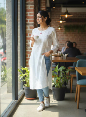 Fantacy Enterprises Women Chikan Embroidery A-line Kurta(White)