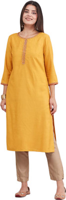 Fabindia Women Embroidered Straight Kurta(Yellow)