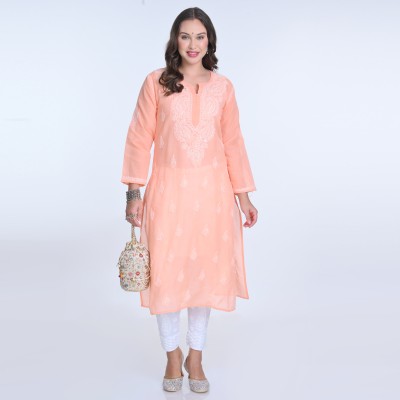 Fashion Chikan Art Women Embroidered Straight Kurta(Orange)