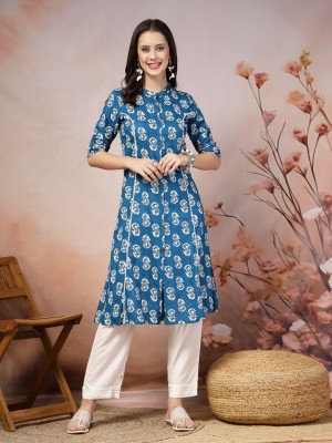 Stylum Women Floral Print, Embellished A-line Kurta(Blue)