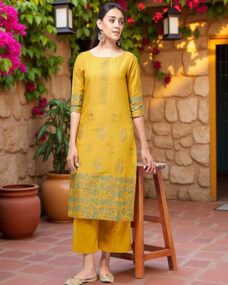 PANNKH Women Printed A-line Kurta(Yellow)