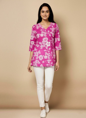 The MS Hub Women Floral Print Straight Kurta(Pink)