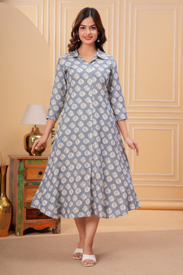 TANTANATAN Women Printed Frontslit Kurta(Grey)