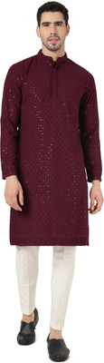 Kaashi Couture Men Embroidered Straight Kurta(Maroon)