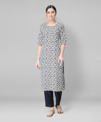 EthnicBasket Women Printed Straight Kurta(Black, White)