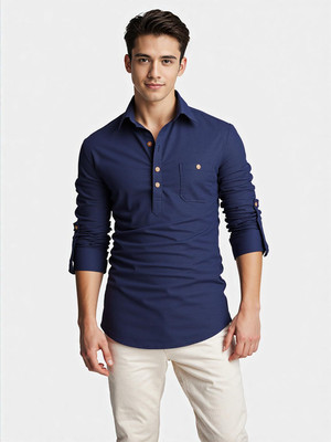 indirae Men Solid A-line Kurta(Dark Blue)