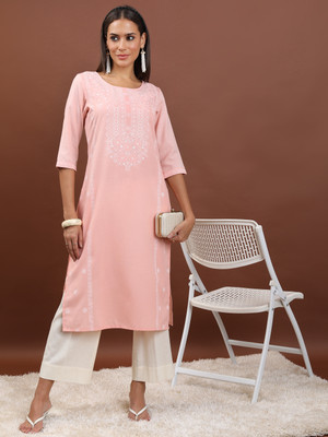 KETCH Women Embroidered Straight Kurta(Pink)