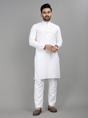 LOGO OF ALPHABET A Men Chikan Embroidery Straight Kurta(White)