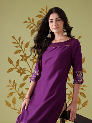 ANOUK Women Solid Straight Kurta(Purple)