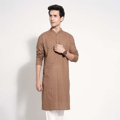 Indus Route by Pantaloons Men Self Design A-line Kurta(Brown)
