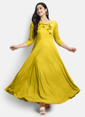 Puebell Women Solid Flared Kurta(Yellow)