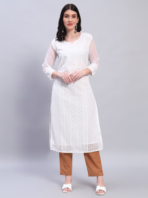 Umoly Women Chikan Embroidery A-line Kurta(White)