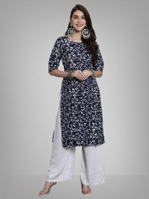 EthnicBasket Women Printed A-line Kurta(Dark Blue, White)