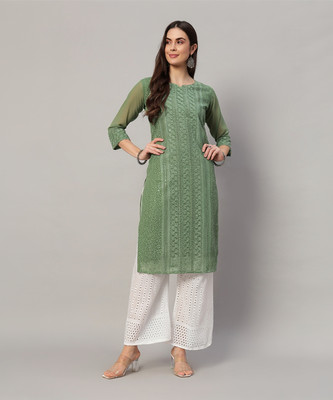 Umoly Women Chikan Embroidery A-line Kurta(Green)