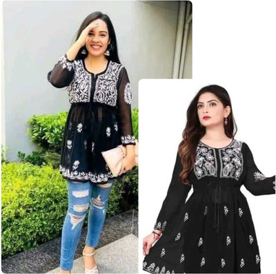 ATOZENTERPRISE Women Chikan Embroidery Anarkali Kurta(Black)