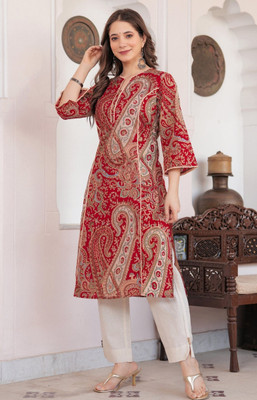 Queenslifestyle Women Printed Pakistani Kurta(Red)