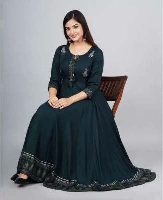 LAXMI Women Embroidered Anarkali Kurta(Dark Green)