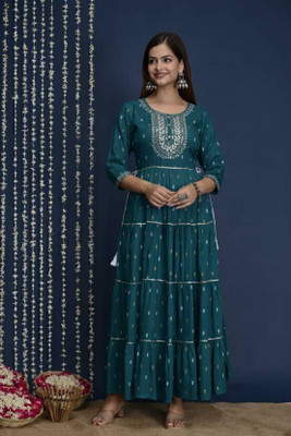 Laxmi Udhyog Women Embroidered Anarkali Kurta(Dark Green, Beige, White)