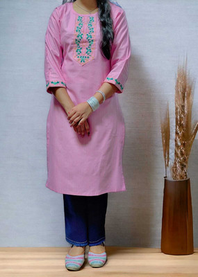 ATCreation Women Embroidered Straight Kurta(Pink)