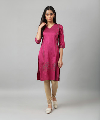 W Women Embellished Straight Kurta(Pink)