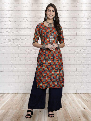 EthnicBasket Women Printed A-line Kurta(Orange, Black, Beige)