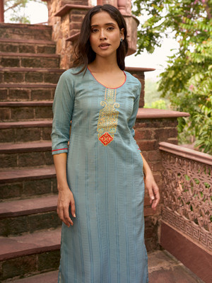 LIBAS Women Embroidered Straight Kurta(Light Blue)