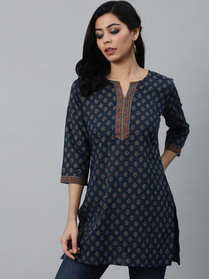 Lakasadapapel Women Floral Print Straight Kurta(Dark Blue)