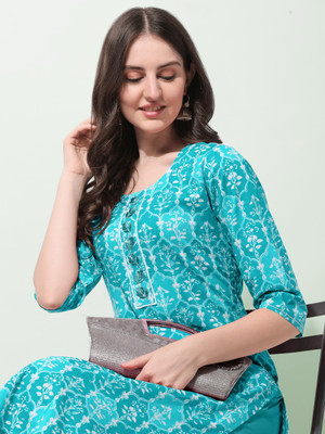MIRCHI FASHION Women Printed, Embroidered Straight Kurta(Light Blue)