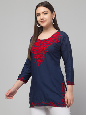 Kalka Women Chikan Embroidery Straight Kurta(Blue, Red)