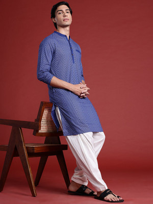 ANOUK Men Printed Straight Kurta(Blue)
