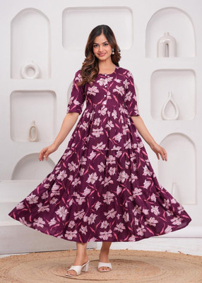 AURIPRX FASHION Women Floral Print Anarkali Kurta(Purple)