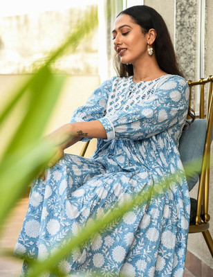 MASUN Women Printed Anarkali Kurta(Blue)