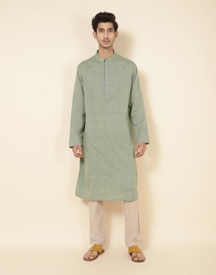 Fabindia Men Woven Design Straight Kurta(Green)