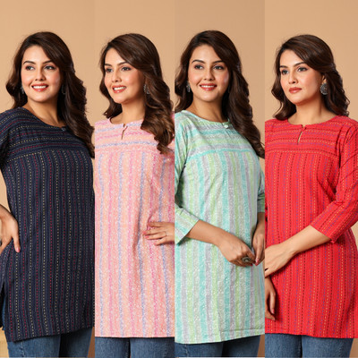 Plenilune Women Printed, Striped Straight Kurta(Light Green, Pink, Red, Dark Blue)