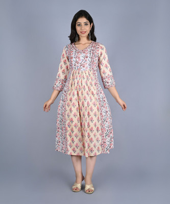 Myaza Women Floral Print A-line Kurta(Beige)