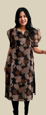 S Creation Women Floral Print A-line Kurta(Brown)