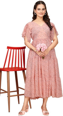 Parth Creation Women Printed Flared Kurta(Pink)