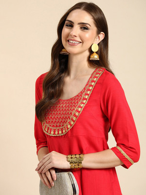 ANOUK Women Self Design A-line Kurta(Red)