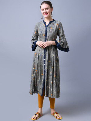 ANOUK Women Striped Anarkali Kurta(Grey)