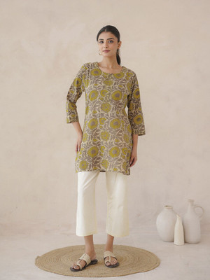 Goodhand Women Printed Straight Kurta(Brown)