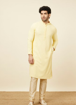Metro Traders Men Abstract Straight Kurta(Yellow)