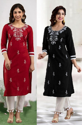 SISTO Women Embroidered Straight Kurta(Black, Red)