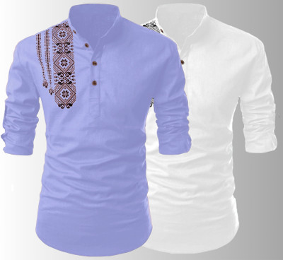 Kavyangle Creation Men Printed Straight Kurta(Blue, White)