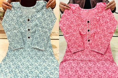 ACE COLLECTION Women Printed A-line Kurta(Light Blue, Pink)