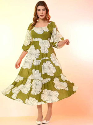 SPYCLASSY Women A-line Green Midi/Calf Length Dress