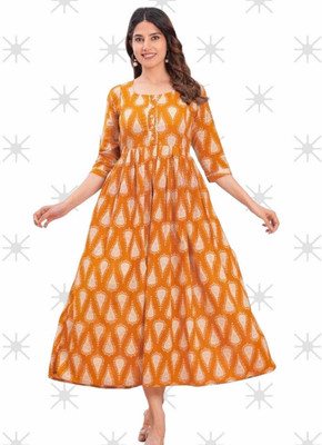 HOUSE OFF COMMON Women Printed Anarkali Kurta(Yellow)