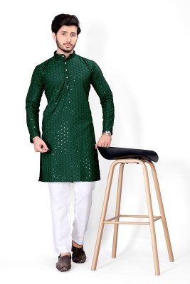 click n buy Men Embellished Straight Kurta(Dark Green)