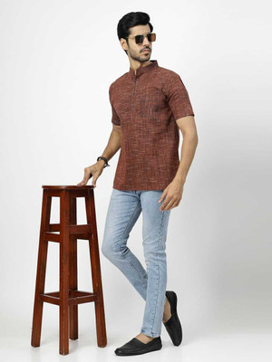 Rohilcrust Men Striped Straight Kurta(Brown)