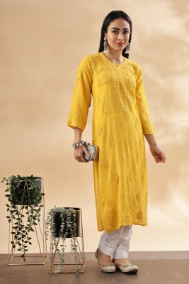 Club Loom Women Chikan Embroidery Straight Kurta(Yellow)